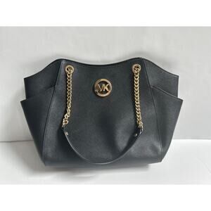 Michael Kors Jet Set Travel Large Leather Gold Chain Shoulder Tote Black Handbag